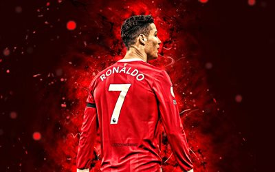4k, Cristiano Ronaldo, back view, 2022, Manchester United FC, red neon lights, football stars, CR7, Manchester United, Cristiano Ronaldo Manchester United, CR7 Man United, Cristiano Ronaldo 4K