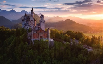 Neuschwanstein Castle, forest, sunset, german landmarks, Germany, Europe