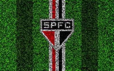 Sao Paulo FC, 4k, jalkapallo nurmikko, logo, Brasilialainen jalkapalloseura, tunnus, musta ja punainen linjat, Serie, S&#227;o Paulo, Brasilia, Campeonato Brasileiro, Brasilian Mestaruus Sarja