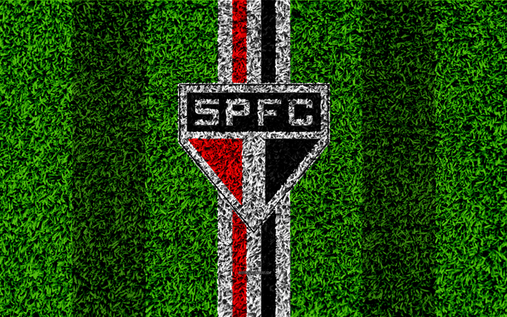 Sao Paulo FC, 4k, calcio prato, logo, club sportivo Brasiliano, emblema, linee nere e rosse, Serie A, S&#227;o Paulo, Brasile Campeonato Brasileiro, Campionato Brasiliano Serie A