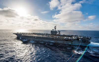 aircraft carrier, USS Carl Vinson, CVN-70, warship, US Navy, ocean, sunset, nuclear aircraft carriers, deck fighter