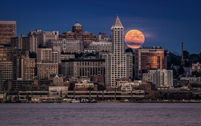 Seattle, embankment, full moon, cityscapes, USA, America
