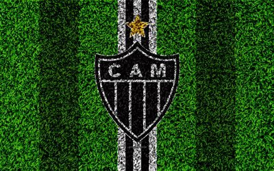 Atletico Mineiro, 4k, football lawn, logo, Brazilian football club, emblem, black and white lines, Serie A, Belo Horizonte, Brazil, Campeonato Brasileiro, Brazilian Championship A Series, CA Mineiro, Atletico-MG FC