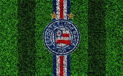 Bahia FC, Esporte Clube Bahia, 4k, calcio prato, logo, club sportivo Brasiliano, emblema, blu, bianco, linee, Serie A, Salvador, Brasile Campeonato Brasileiro, Campionato Brasiliano Serie A
