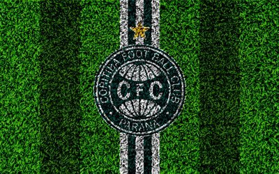 Coritiba FC, 4k, football lawn, Coritiba logo, Brazilian football club, emblem, green white lines, Serie A, Curitiba, Brazil, Campeonato Brasileiro, Brazilian Championship A Series
