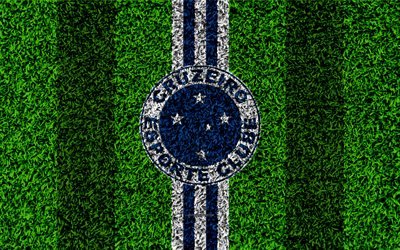 Cruzeiro FC, 4k, calcio prato, logo, club sportivo Brasiliano, emblema, blu, bianco, linee, Serie A, Belo Horizonte, Brasile Campeonato Brasileiro, Campionato Brasiliano Serie A, Cruzeiro Esporte Clube