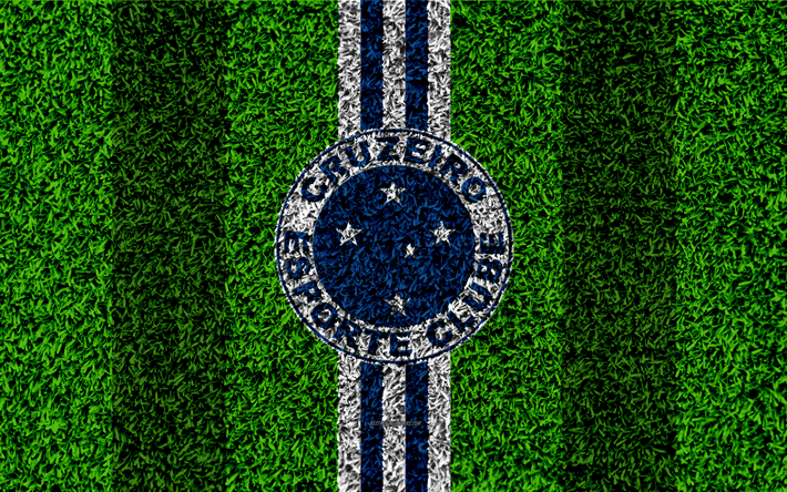 Cruzeiro FC, 4k, futebol gramado, logo, Brasileiro de clubes de futebol, emblema, azul linhas brancas, Serie A, Belo Horizonte, Brasil, Campeonato Brasileiro, Campeonato Brasileiro S&#233;rie A, Cruzeiro Esporte Clube