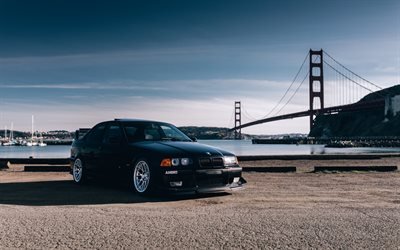BMW 3, E46, tuning, black sedan, USA, San Francisco, Golden Gate Bridge, German cars, black tuning M3, BMW