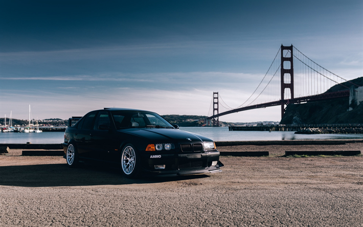 BMW serie 3, E46, tuning, nero berlina, USA, San Francisco, il Golden Gate Bridge, le auto tedesche, nero tuning M3, BMW