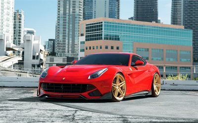 Ferrari F12 Berlinetta, 2018, red sports coupe, tuning F12, gold wheels, low profile, Italian sports cars, luxury cars, Scuderia, Ferrari