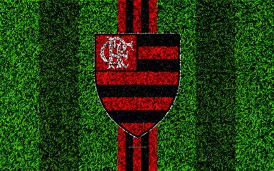 Flamengo RJ FC, Clube de Regatas do Flamengo, 4k, football lawn, logo, Brazilian football club, emblem, red black lines, Serie A, Rio de Janeiro, Brazil, Campeonato Brasileiro, Brazilian Championship A Series