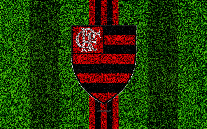 Flamengo RJ FC, il Clube de Regatas do Flamengo, 4k, calcio prato, logo, club sportivo Brasiliano, emblema, rosso, nero, linee, Serie A, Rio de Janeiro, Brasile Campeonato Brasileiro, Campionato Brasiliano Serie A