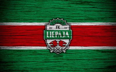 Liepaja FC, 4k, soccer, Latvian football club, logo, SynotTip Virsliga, FK Liepaja, Lettonia, calcio, wooden texture, FC Liepaja