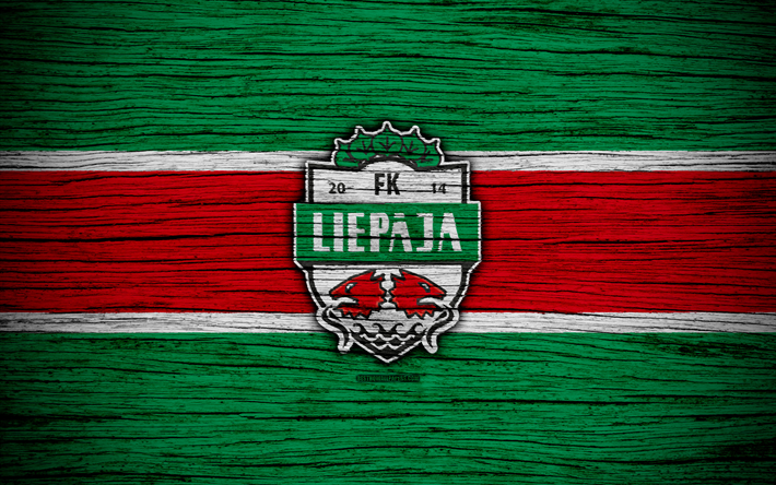 Liepaja FC, 4k, soccer, Latvian football club, logo, SynotTip Virsliga, FK Liepaja, Latvia, football, wooden texture, FC Liepaja