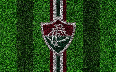 Fluminense FC, 4k, football lawn, logo, Brazilian football club, emblem, purple green lines, Serie A, Rio de Janeiro, Brazil, Campeonato Brasileiro, Brazilian Championship A Series