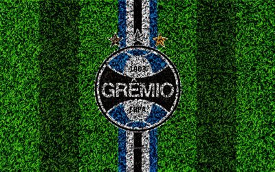 gremio-fc -, 4k -, fu&#223;ball-rasen, logo, brasilianische fu&#223;ball-club, emblem, blau-schwarze linien, serie a, porto alegre, brasilien, campeonato brasileiro, der brasilianischen meisterschaft eine serie