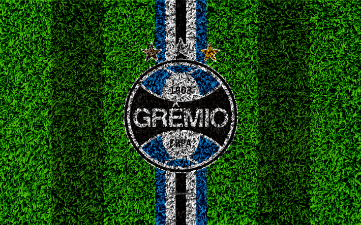 Gremio FC, 4k, football lawn, logo, Brazilian football club, emblem, blue black lines, Serie A, Porto Alegre, Brazil, Campeonato Brasileiro, Brazilian Championship A Series