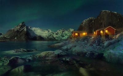 Norvegia, montagna, notte, inverno, baia, rocce, Europa