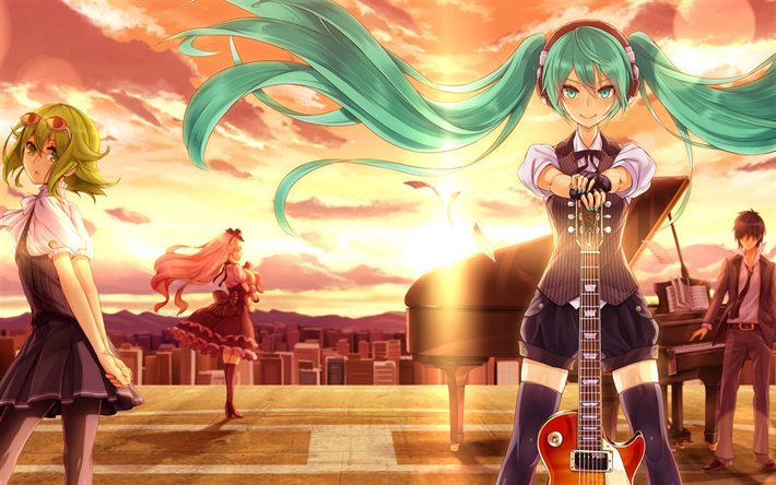 Vocaloid, Hatsune Miku, les personnages f&#233;minins, les filles d&#39;anime avec des guitares, coucher de soleil