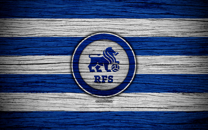 RFS FC, 4k, soccer, Latvian football club, logo, SynotTip Virsliga, FK RFS, Latvia, football, wooden texture, FC RFS