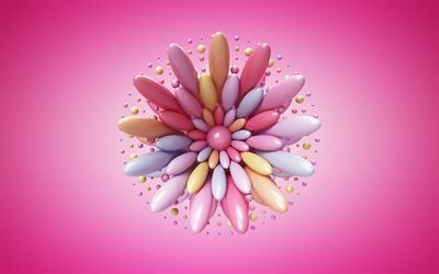 زهرة 3d, الخلفية الوردي, بتلات 3d, متعددة الألوان زهرة