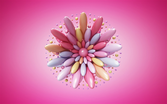 3d花, ピンクの背景, 3d花びら, マルチカラーの花