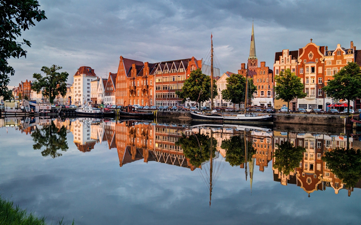 Lubeck, evening, sunset, canal, sailboats, Germany