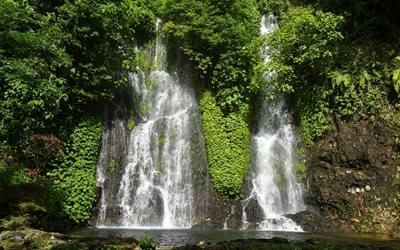 Ijen Lago, cachoeira, rock, montanhas, primavera, manh&#227;, Indon&#233;sia
