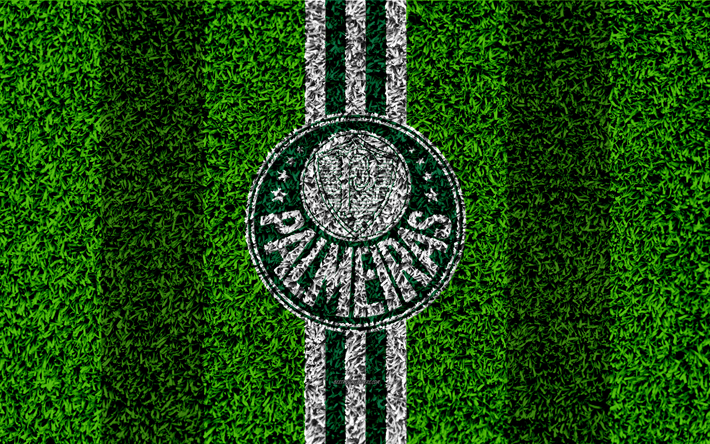 Palmeiras FC, Sociedade Esportiva Palmeiras, 4k, football lawn, logo, Brazilian football club, emblem, green white lines, Serie A, Sao Paulo, Brazil, Campeonato Brasileiro, Brazilian Championship A Series