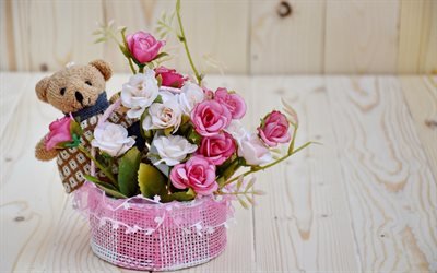 rosas cor-de-rosa, flor de presente, urso de pel&#250;cia, rosas, presente