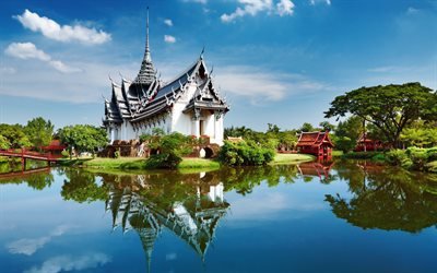 4k, Bangkok, el templo, el verano, el lago, el parque, Tailandia, Asia