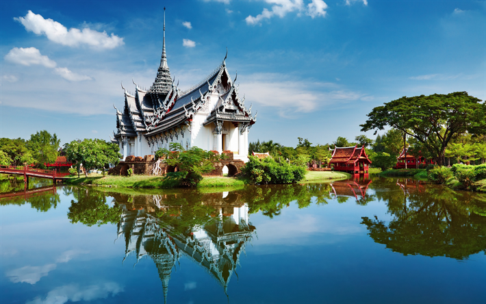 4k, Bangkok, temple, summer, lake, park, Thailand, Asia