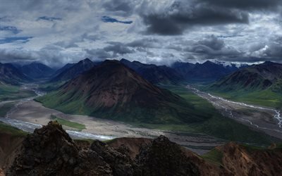 Denali国立公園, 4k, 川, 雲, 夏, 山々, アラスカ, 米国, 米