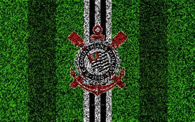 Sport Club Corinthians Paulista, Corinthians FC, SCCP, 4k, football lawn, logo, Brazilian football club, emblem, black and white lines, Serie A, Sao Paulo, Brazil, Campeonato Brasileiro, Brazilian Championship A Series