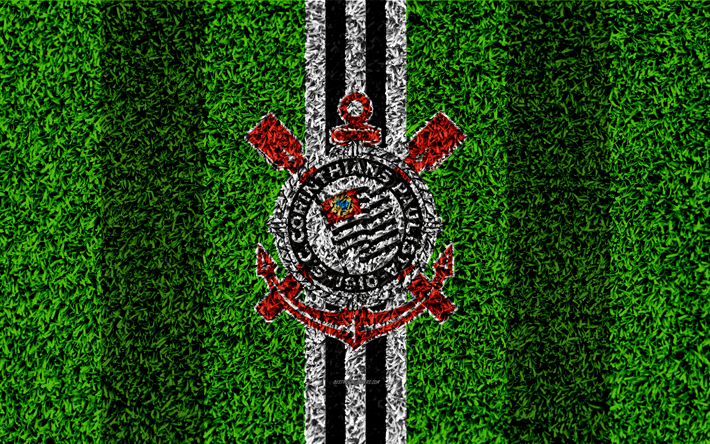 Sport Club Corinthians Paulista, Corinthians FC, SCCP, 4k, football lawn, logo, Brazilian football club, emblem, black and white lines, Serie A, Sao Paulo, Brazil, Campeonato Brasileiro, Brazilian Championship A Series