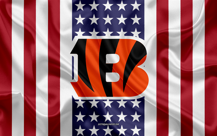 Cincinnati Bengals, 4k, logo, emblem, silk texture, American flag, American football club, NFL, Cincinnati, Ohio, USA, National Football League, american football, silk flag