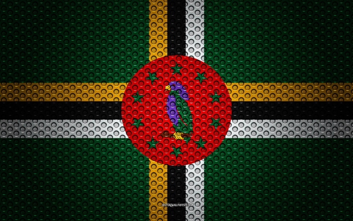 Flag of Dominica, 4k, creative art, metal mesh texture, Dominica flag, national symbol, silk flag, Dominica, North America, flags of North America countries, Commonwealth of Dominica