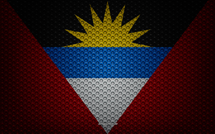 Kuzey Amerika &#252;lkeleri Antigua ve Barbuda bayrağı, 4k, yaratıcı sanat, metal mesh dokusu, Antigua ve Barbuda bayrağı, ulusal sembol, ipek bayrak, Antigua ve Barbuda, Kuzey Amerika bayrakları