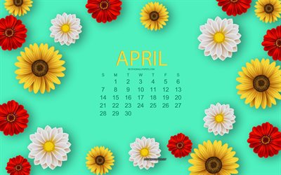 2019 April Calendar, green background, spring flowers, creative art, 2019 calendars, April, spring, calendar for 2019 April