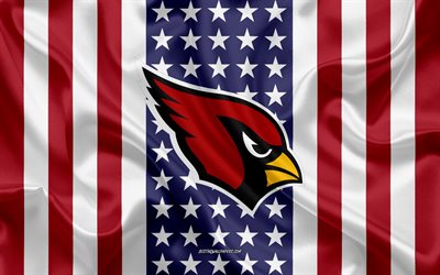 Arizona Cardinals, 4k, logo, emblem, silk texture, American flag, American football club, NFL, Glendale, Arizona, USA, National Football League, american football, silk flag