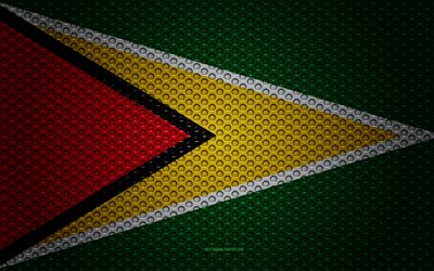 Flag of Guyana, 4k, creative art, metal mesh texture, Guyana flag, national symbol, silk flag, Guyana, South America, flags of South America countries
