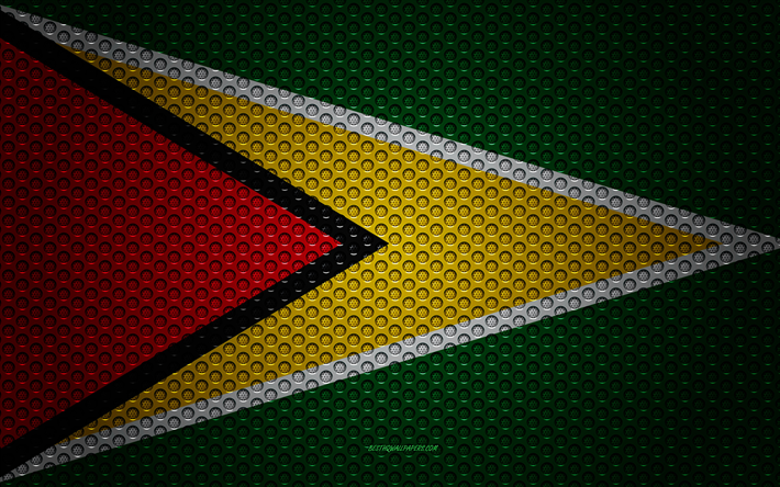 Bandeira da Guiana, 4k, arte criativa, a malha de metal textura, Guiana bandeira, s&#237;mbolo nacional, seda bandeira, Guiana, Am&#233;rica Do Sul, bandeiras de pa&#237;ses da Am&#233;rica do Sul