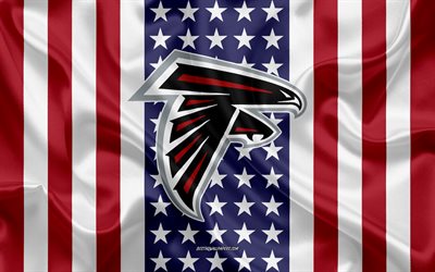 Atlanta Falcons, 4k, logo, emblem, silk texture, American flag, American football club, NFL, Atlanta, Georgia, USA, National Football League, american football, silk flag