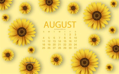 2019 agosto, Calendario, sfondo giallo, giallo, fiori, arte creativa, giallo floreale, sfondo, 2019 calendari, agosto, l&#39;estate, il calendario per il 2019 agosto