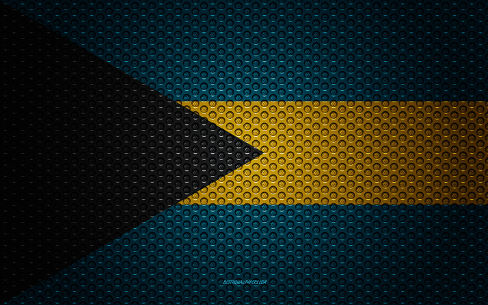علم جزر البهاما, 4k, الفنون الإبداعية, شبكة معدنية, جزر البهاما العلم, الرمز الوطني, الحرير العلم, جزر البهاما, أمريكا الشمالية, أعلام أمريكا الشمالية البلدان