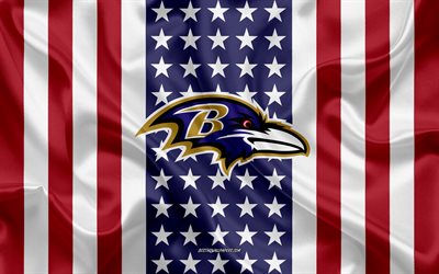 Ravens de Baltimore, 4k, le logo, l&#39;embl&#232;me, la texture de la soie, American flag, American club de football de la NFL Baltimore, Maryland, etats-unis, la Ligue Nationale de Football, le football am&#233;ricain, le drapeau de soie