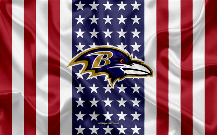 Baltimore Ravens, 4k, logo, tunnus, silkki tekstuuri, Amerikan lippu, American football club, NFL, Baltimore, Maryland, USA, National Football League, amerikkalainen jalkapallo, silkki lippu