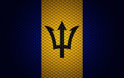 Flagga av Barbados, 4k, kreativ konst, metalln&#228;t konsistens, Barbados flagga, nationell symbol, metall flagga, Barbados, Nordamerika, flaggor i Nordamerika l&#228;nder
