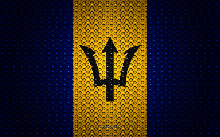 Flag of Barbados, 4k, creative art, metal mesh texture, Barbados flag, national symbol, metal flag, Barbados, North America, flags of North America countries