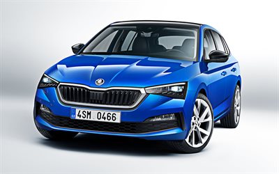 Skoda Scala, 2019, 4k, front view, blue hatchback, new blue Scala, Czech cars, Skoda